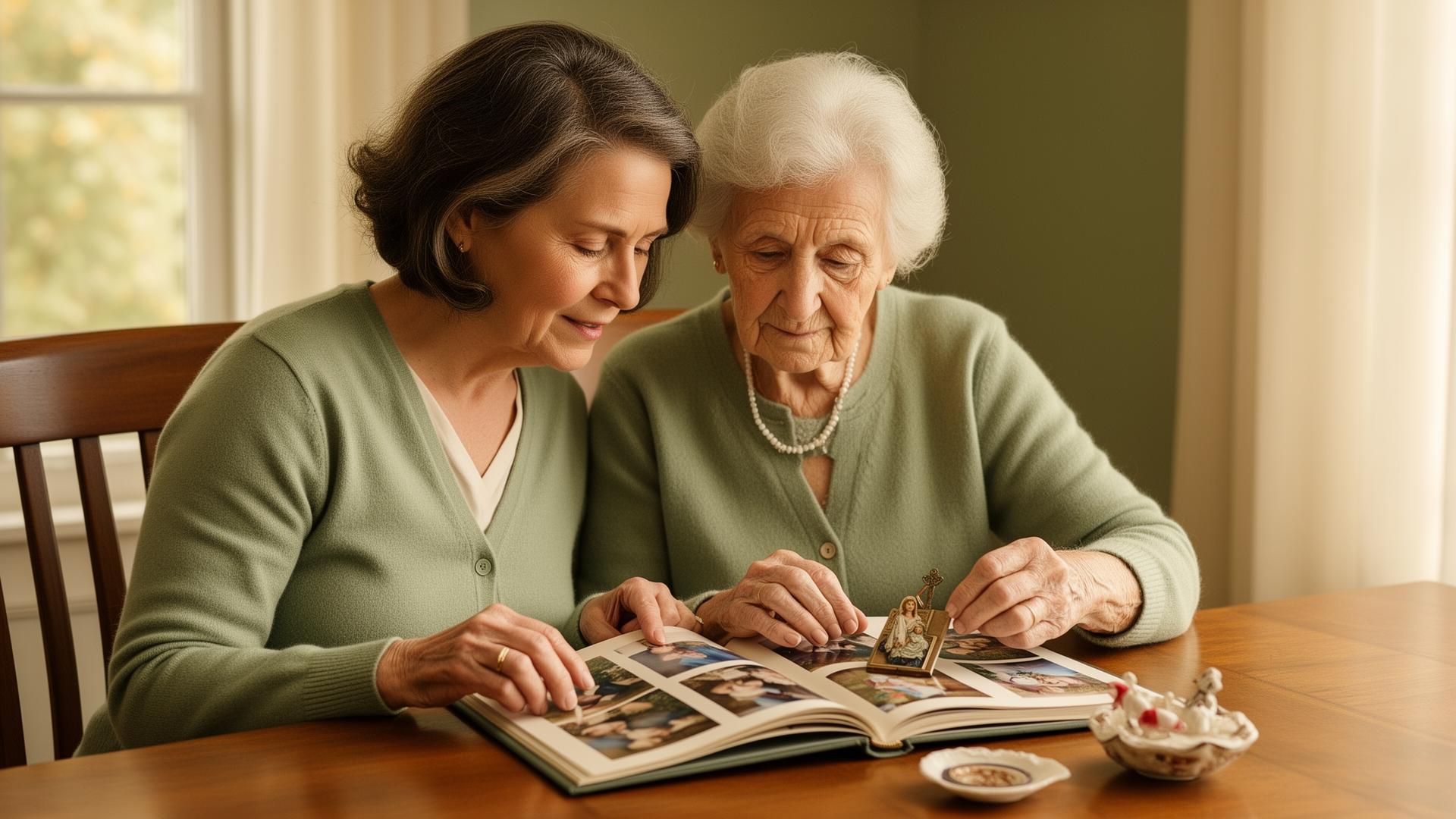 A family gently sorting through photo albums and keepsakes together